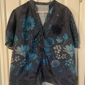 Source Unknown Floral Blouse - Blue and Black